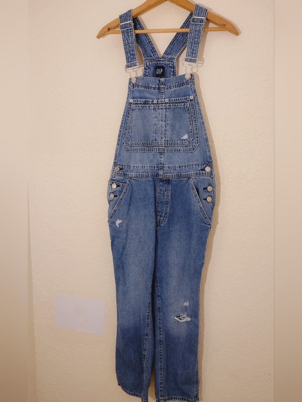 GAP Medium Blue Denim Distressed Carpenter Overalls - Picture 3 of 5